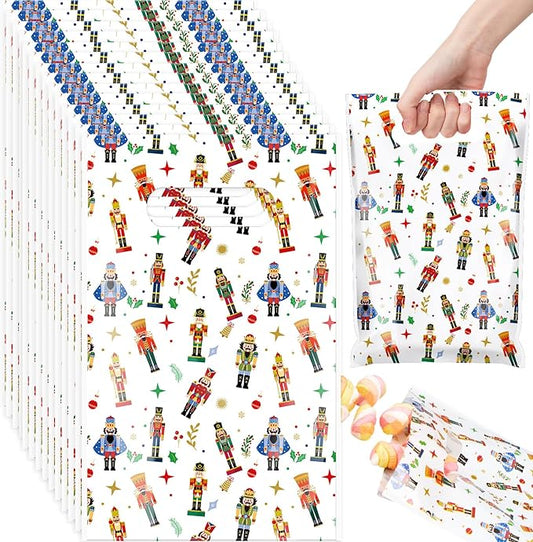 Supervitae 100 Pcs Christmas Nutcracker Plastic Gift Bags Bulk Xmas Party Favor Bags with Handles for Holiday Birthday Wedding Snacks Goodie Candy Treat Party Supplies, 9.84''x6.5''