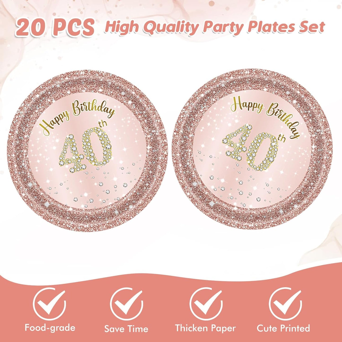40th Birthday Decorations for Women, Rose Gold Forty Year Old Party Supplies Include 20 Plates 20 Napkins, Pink 40 Aged Birthday Party Tableware