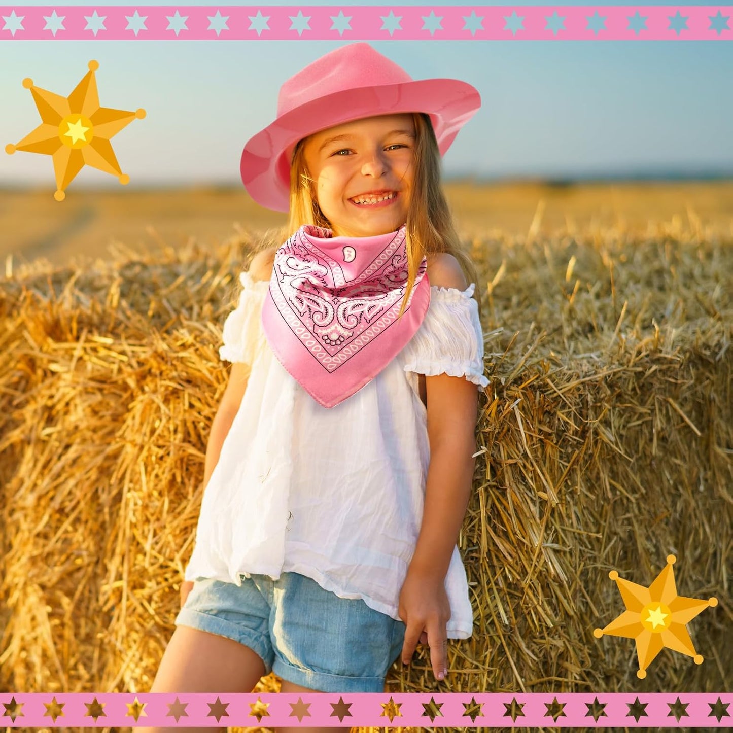 Hillban 72 Pcs Western Cowboy Hat and Paisley Bandana Set for Kids Felt Cowboy Party Hats for Costume Party Favors(Pink)