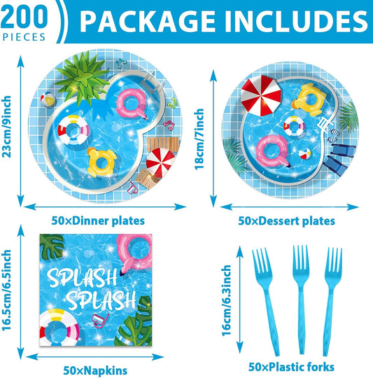 gisgfim 50 Guests Pool Party Supplies Summer Beach Plates and Napkins Forks Summer Pool Tableware Beach Ball Paper Disposable Plates for Splish Splash Birthday Baby Shower Party 200PCS