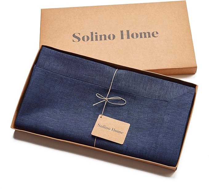 Solino Home Linen Tablecloth 60 x 132 Inch - 100% Pure Linen Chambray Navy Table Cloth for Rectangular Tables - Athena, Machine Washable Cloth Tablecloth for Winter, Spring