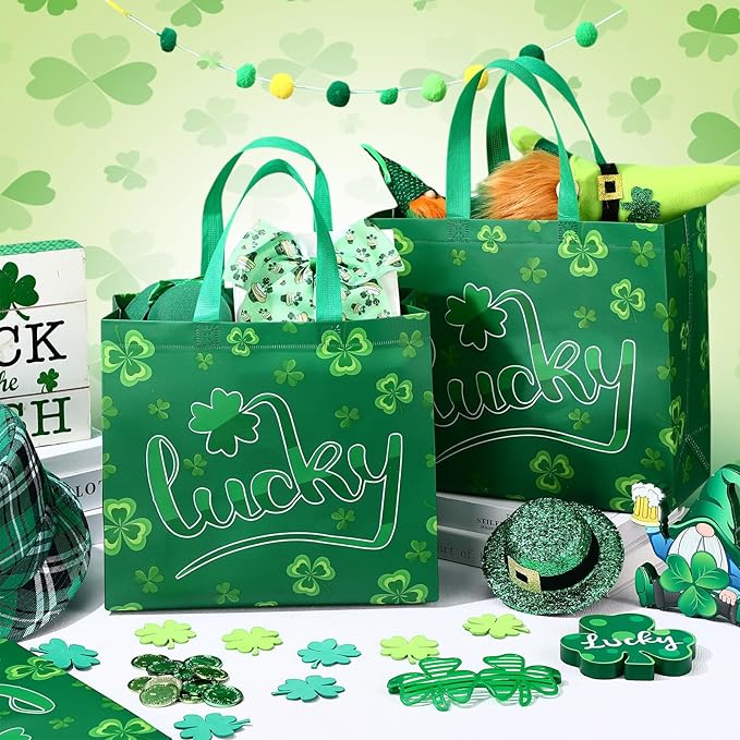 Abbylike 30 Pack St Patrick's Day Lucky Gift Bag Bulk Large Irish Gift Shamrock Clover Non Woven Goodie Bag for Party Favor