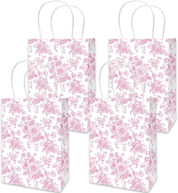 JarThenaAMCS 24Pcs Pink Floral Paper Bag Vintage Flower Candy Treat Bags with Handles Chinoiserie Grocery Shopping Bag for Birthday Wedding Party Favors Supplies