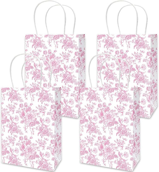 JarThenaAMCS 24Pcs Pink Floral Paper Bag Vintage Flower Candy Treat Bags with Handles Chinoiserie Grocery Shopping Bag for Birthday Wedding Party Favors Supplies