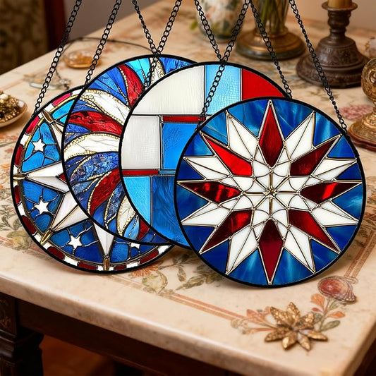 Stained Glass Window Hanging 4 Pcs Set Abstract Flowers in Red White Blue 9.8" - Suncatcher Door Garden Sun Catcher Decor Birthday Mother's Day Xmas Gift for Mom Woman Nana Men Parents