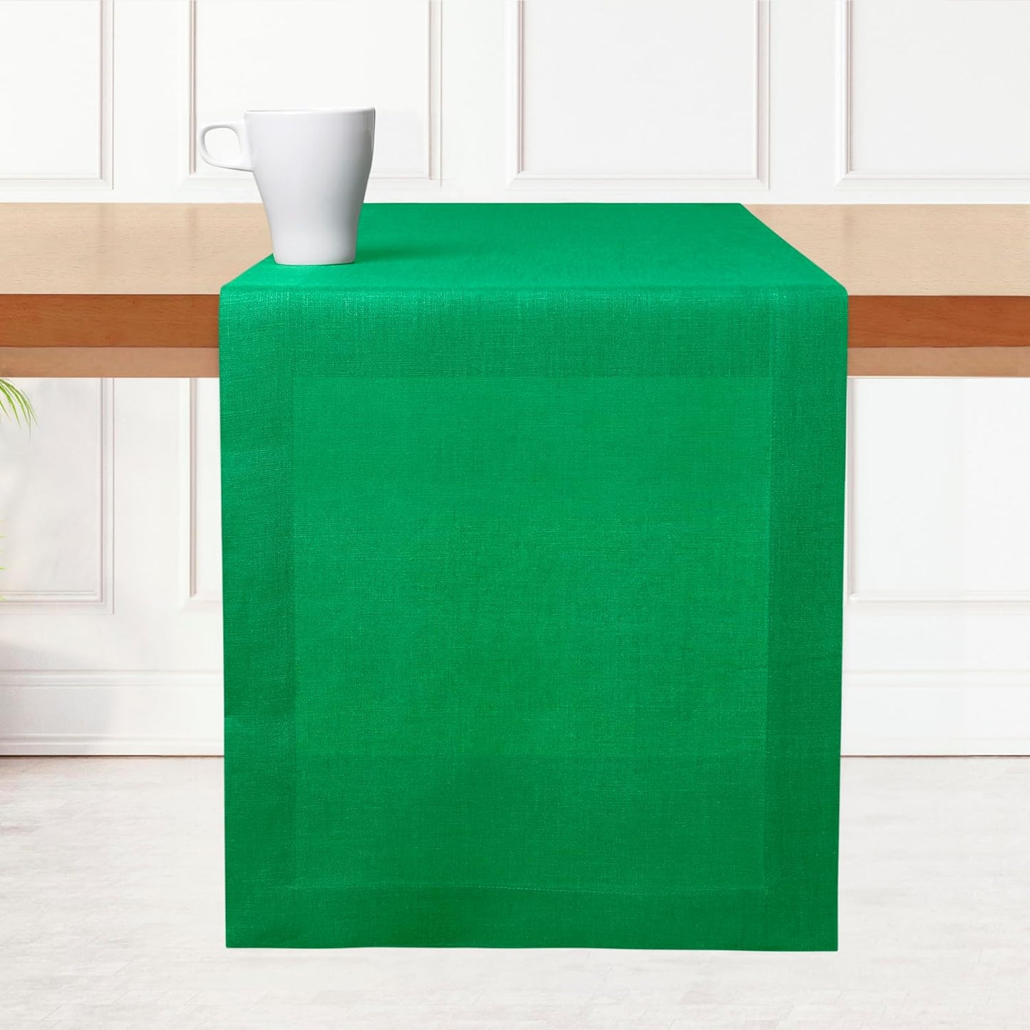D'Moksha Homes Linen Kelly Green Table Runner 120 Inches Long - 100% Pure Linen Dining Table Runner 14 x 120 Inch for Fall, Autumn and Halloween - Machine Washable