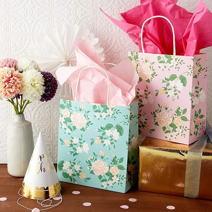 Sparkle and Bash 12 Mini Floral Gift Bags - 8 x 9 x 4 in Multicolor Pack - Party & Thank You Favors - For Baby & Bridal Showers