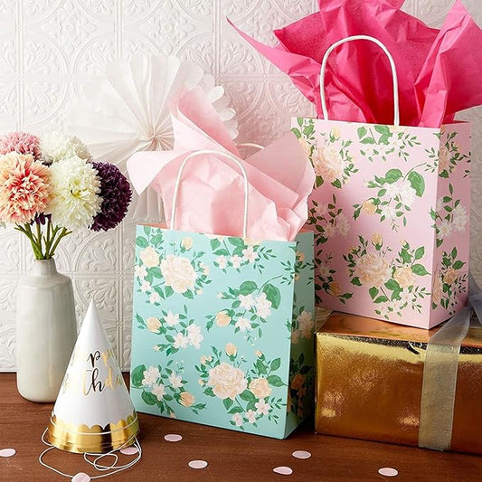 Sparkle and Bash 12 Mini Floral Gift Bags - 8 x 9 x 4 in Multicolor Pack - Party & Thank You Favors - For Baby & Bridal Showers