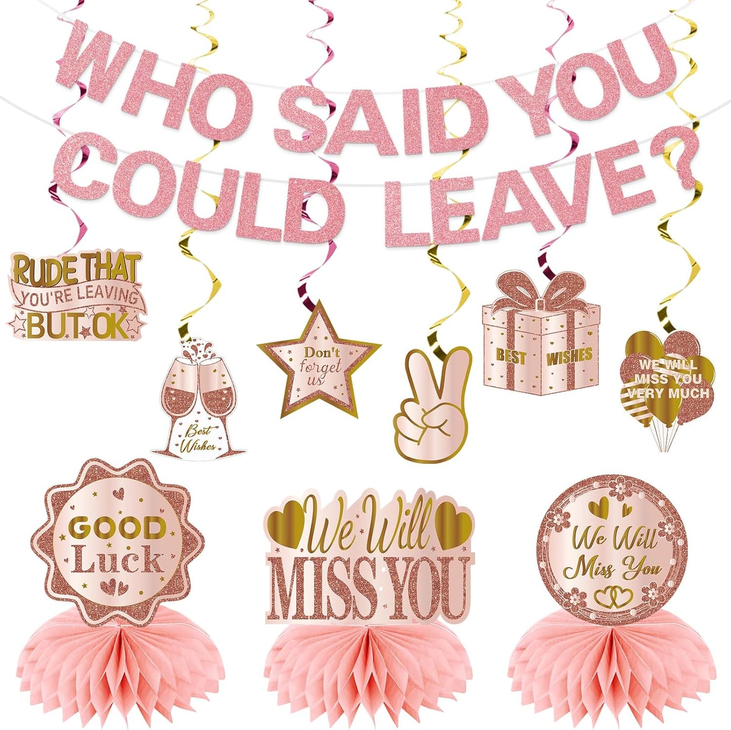 Going Away Party Decorations, Who Said You Could Leave Banner Good Luck We Will Miss You Farewell Decorations Retirement Goodbye Decor Table Centerpieces Hanging Swirls Party Supplies, Pink Rose Gold