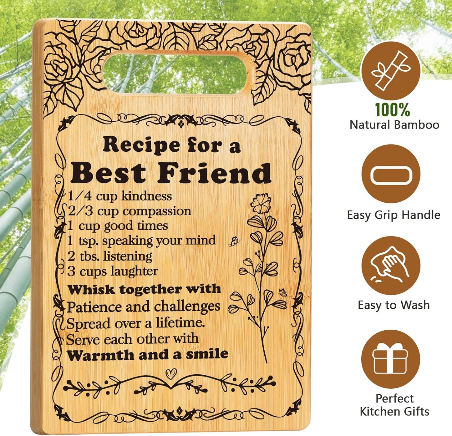Best Friend Birthday Gifts Cutting Board Set, "Recipe for a Best Friend" Friendship Gifts for Woman Engraved Utensil Friends Gifts for Women Bff Bestie Soul Sister Birthday Mothers Day