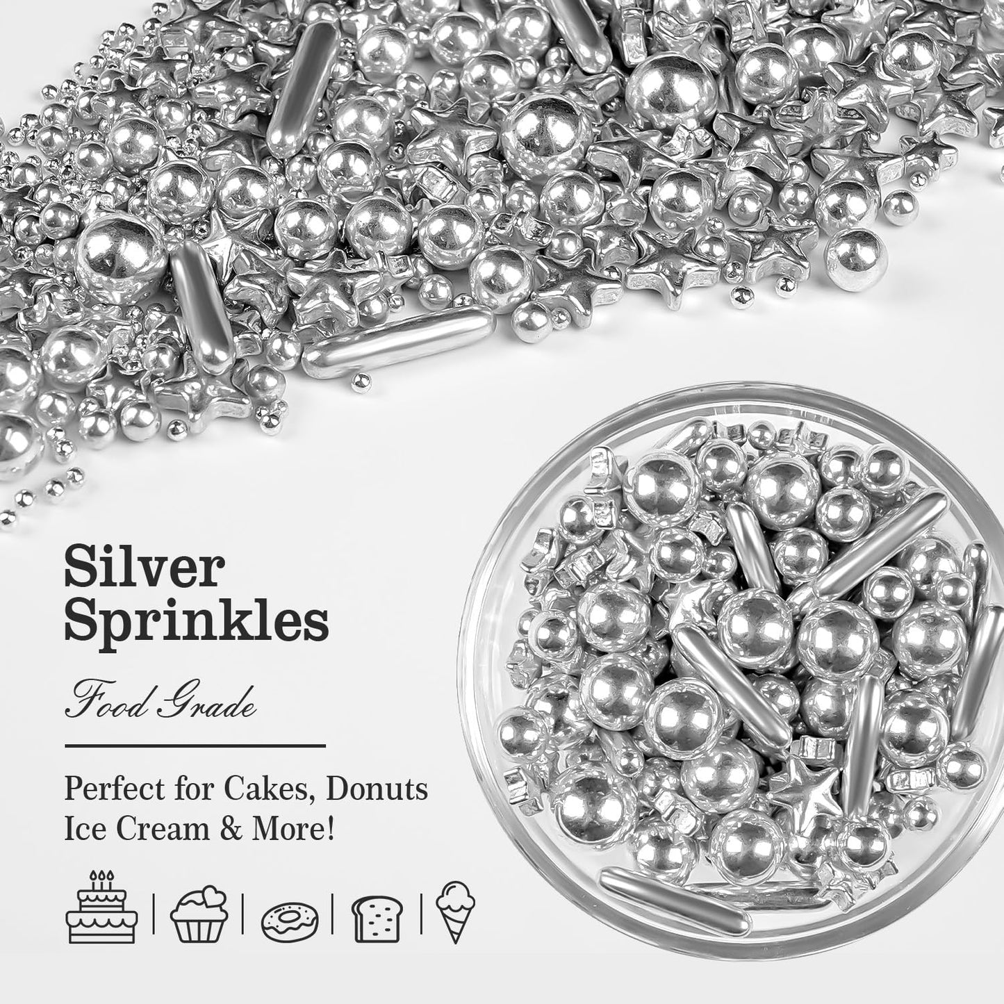 Silver Pearl Rods Star Sugar Christmas Sprinkles, Silver Sprinkles for Cake, Edible Pearls Baking Candy, 150g/5.29oz Mix Size, Cupcake Decoration, Wedding Party Supplies