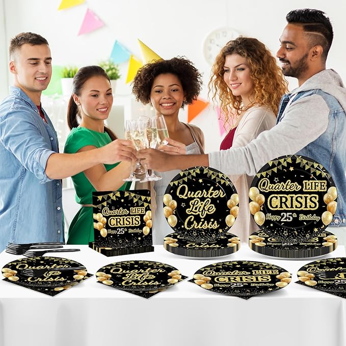 96PCS 25th Birthday Party Paper Plates and Napkins Set for Happy Quarter Life Crisis Cake Dessert Plates Disposable Supplies Black Gold 25 Year Old Theme Tableware Set for Men Women Party Decorations