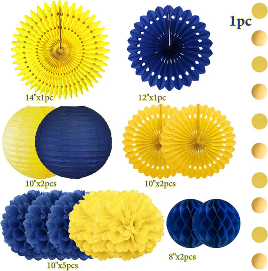 Blue and Yellow Party Decorations Blue and Yellow Paper Fans Paper Lanterns Pom Poms Flowers for Baby Shower Birthday Wedding Engagement Party