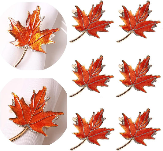 XIYAO Fall Leaf Napkin Rings Set of 6 Metal Maple Leaves Napkin Rings Holder, 6 Pcs Thanksgiving Table Napkin Holders,Fall Cloth Napkin Rings for Table Dinner Wedding Holiday