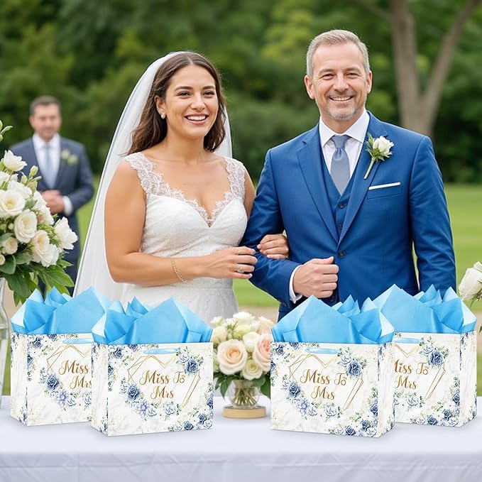 Blue Bridal Shower Gift Bag Wedding Miss to Mrs Gifts Bag with Tissue and Card Bridal Shower Gift Wrapping Paper Bag Floral Boho Christmas Wedding Gift Bags Bride Engagement Bachelorette Party Bag