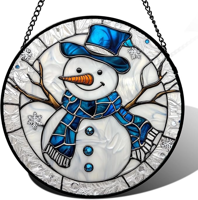 Stained Glass Window Hanging Christmas Snowman Blue White Large 11.8" - Suncatcher Door Garden Sun Catcher Home Decor Birthday Mother's Day Xmas Gift for Mom Men Woman Her Nana Parents Girl