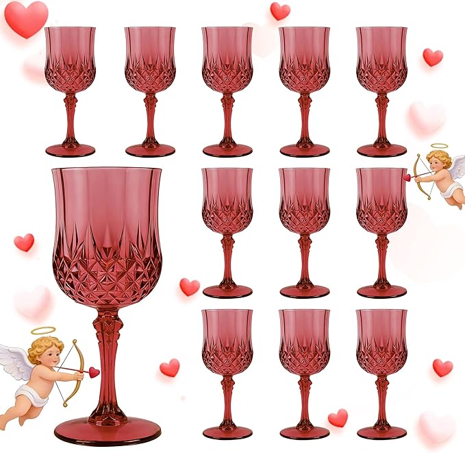 Plastic Wine Glasses, Plastic Goblets Vintage Style Cordial Unbreakable Drinking Glasses, Reusable Drinkware for Wedding Reception, Grand Event Party Supplies, Easter (12, Scarlet Rose)