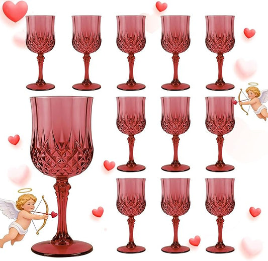 Plastic Wine Glasses, Plastic Goblets Vintage Style Cordial Unbreakable Drinking Glasses, Reusable Drinkware for Wedding Reception, Grand Event Party Supplies, Easter (12, Scarlet Rose)