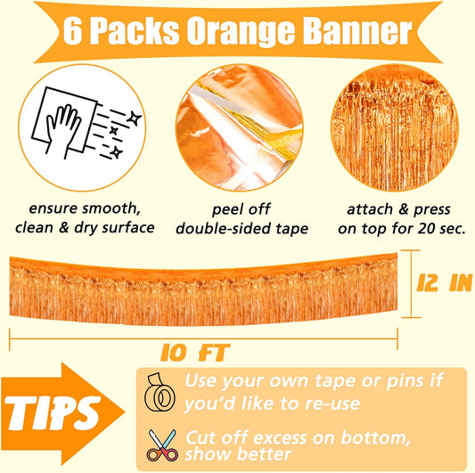 6 Pack 10 Feet Foil Fringe Garland Metallic Tinsel Banner Wall Hanging Curtain Streamers Backdrop for Parade Floats Bachelorette Wedding Birthday Party Thanksgiving Christmas Decorations(Orange)