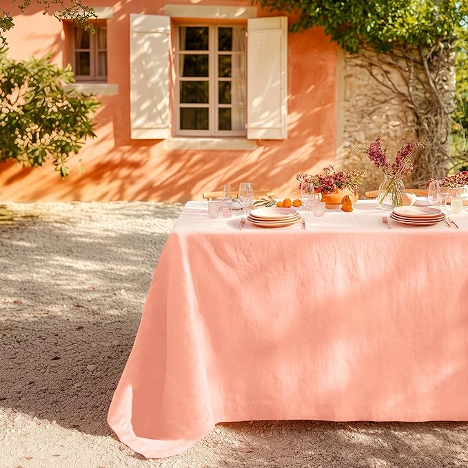 Linen World Linen Tablecloth,100% French Natural Flax Tablecloth 120" x 60" Inch,Washable Rectangular Table Cloth for Dining,Outdoor,Weddings and Restaurants,Decorative Christmas,Peach Pink