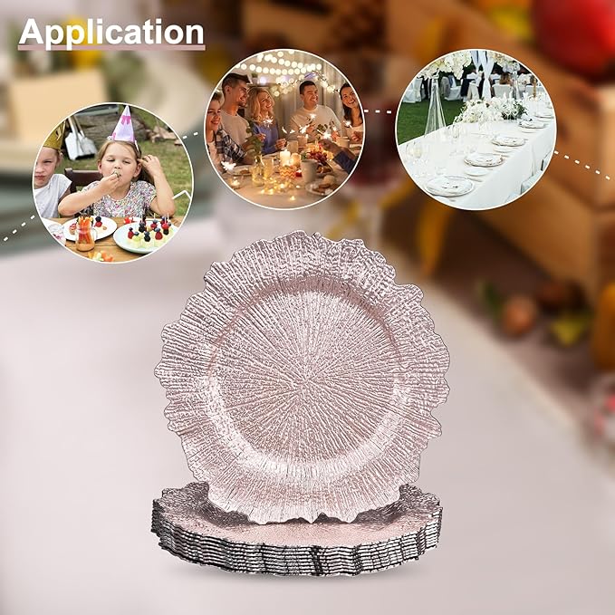 uxcell 10pcs Reef Charger Plates Bulk, 13 Inch Plastic Floral Charger Plates, Round Plate Chargers for Dinner Wedding Party Event Table Setting Decoration Rose Gold