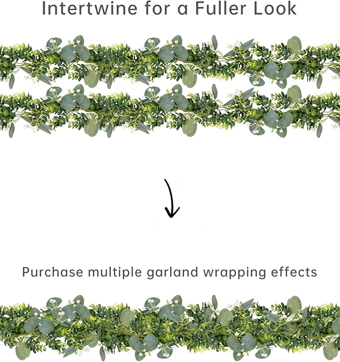 Vlorart 6ft Eucalyptus Garland with Boxwood and White Florals, Mixed Greenery Eucalyptus Garland for Wedding Arch, Backdrop, Table, Mantel and Home Decor