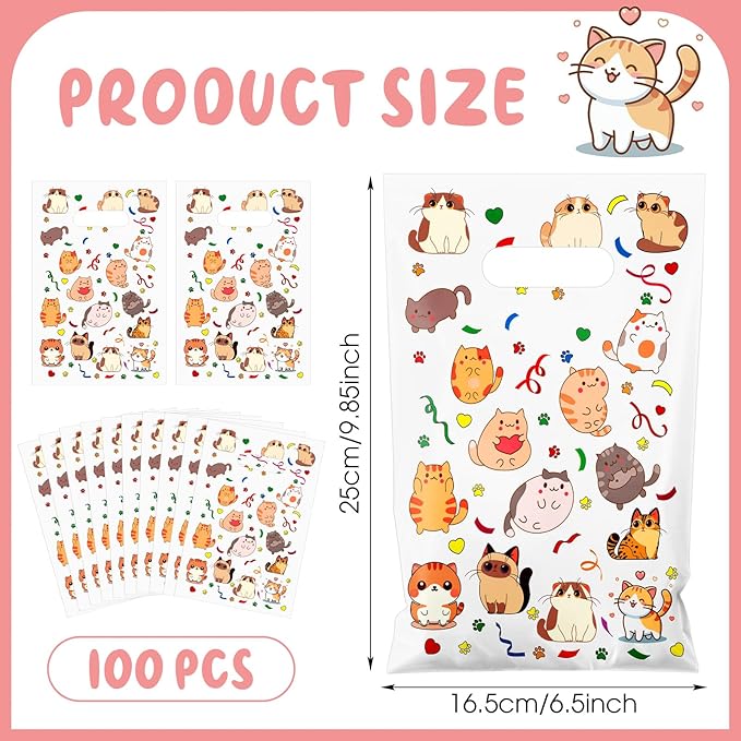 Supervitae 100 Pcs Cat Party Favor Bags Cute Kitten Plastic Goodies Bags Bulk with Handles for Cat Themed Birthday Animals Pet Paw Snacks Cookies Candy Treat Decoration Supplies