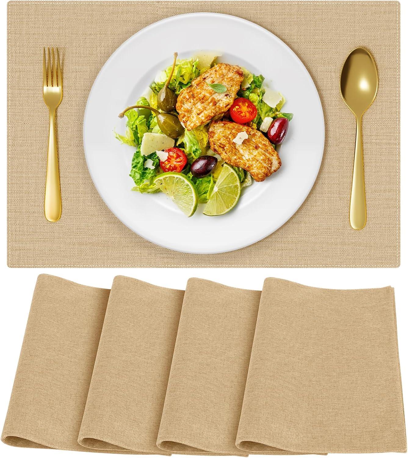 Cloth Placemats, Set of 4 Heat-Resistant Cotton Linen Blend Double Layered Machine Washable Place Mats, Wrinkle Free Thick Fabric Dining Table Mats for Indoors & Outdoors (Cream Beige, 4)