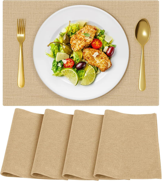 Cloth Placemats, Set of 4 Heat-Resistant Cotton Linen Blend Double Layered Machine Washable Place Mats, Wrinkle Free Thick Fabric Dining Table Mats for Indoors & Outdoors (Cream Beige, 4)