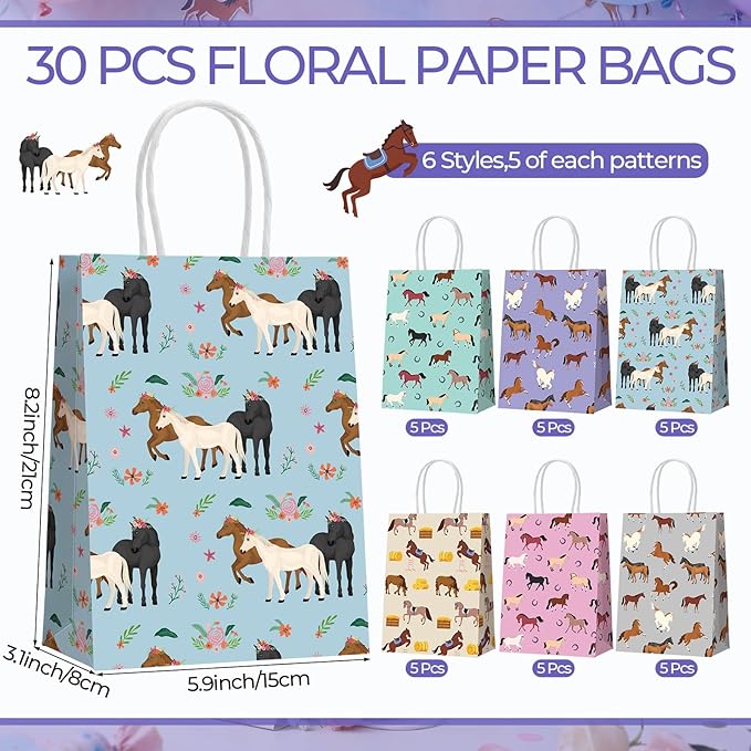 Resholder 30 Pcs Horse Party Favor Bags with Handles Horse Themed Goodie Gift Bags Portable Candy Treat Pouch for Western Cowboy Cowgirl Racing Farm Animals Birthday Party Supplies Decorations
