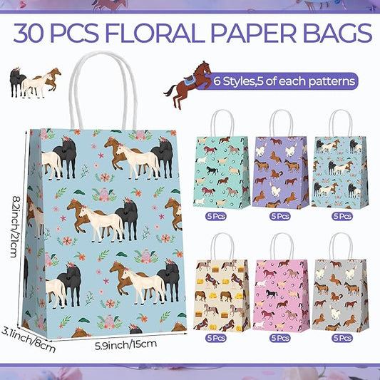 Resholder 30 Pcs Horse Party Favor Bags with Handles Horse Themed Goodie Gift Bags Portable Candy Treat Pouch for Western Cowboy Cowgirl Racing Farm Animals Birthday Party Supplies Decorations