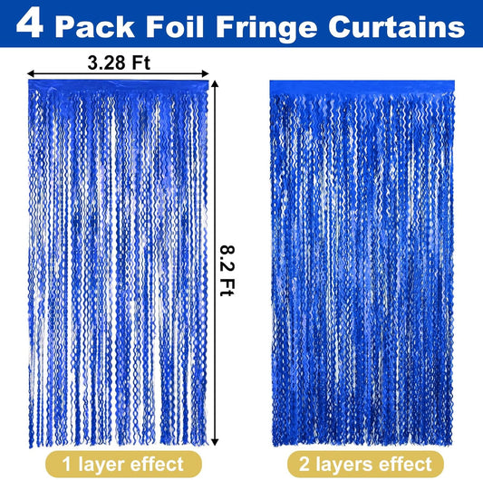 4 Pack Blue Fringe Curtain Backdrop 3.2Ft x 8.2Ft Metallic Tinsel Foil Fringe Streamers Background for Photo Booth Mother's Day, Easter, Carnival, Birthday, Wedding Party Decoration