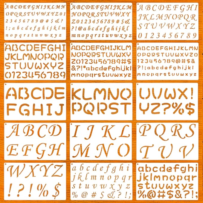 15 Pack Letter Stencils for Painting, Reusable Alphabet Stencils Plastic Letter and Number Stencil Templates Kit for Scrapbook, DIY Crafts, Art Projects (1/2, 3/4, 1, 2 Inch)