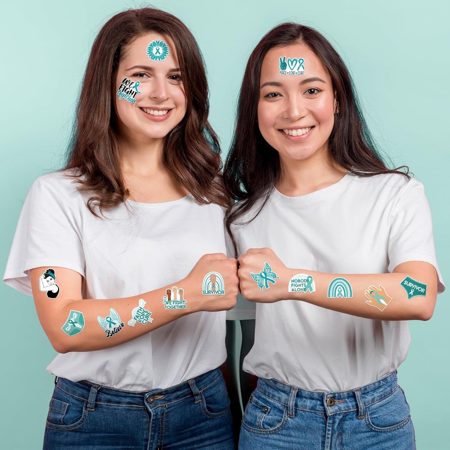 1000pcs Ovarian Cancer Awareness Sticker Rolls (2 Rolls), Teal Ribbon Shaped Sexual Assault Awareness Survivor Stickers Decorative Decals, Self-Adhesive Stickers for Scrapbooks Event Gifts