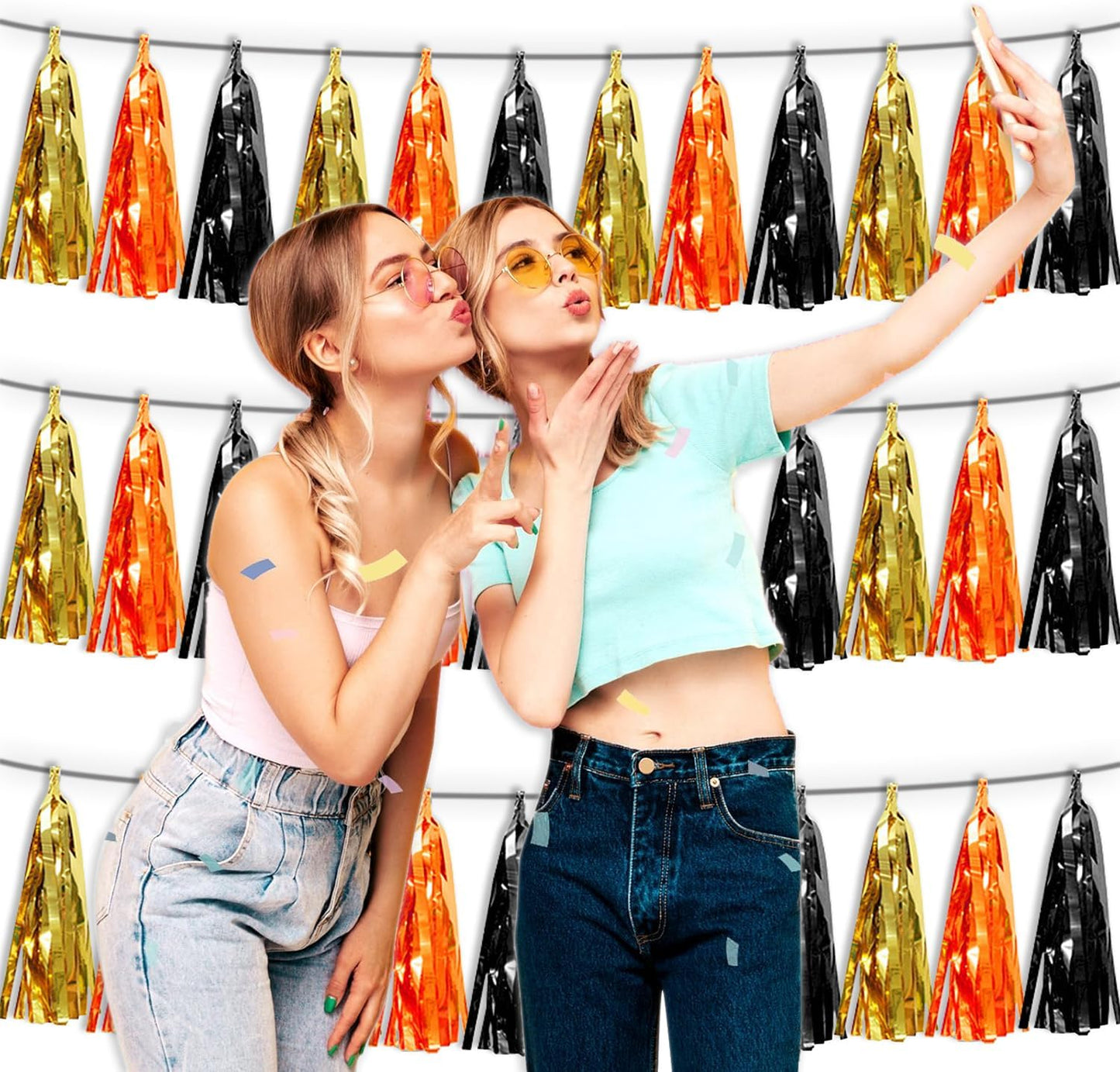 3P Orange Gold Black Tassel Banner Garland Metallic Foil Fringe Banner Tinsel Tassels Streamer Banner Backdrop for Parade Floats, Graduation Decorations, Halloween, Christmas Decorations