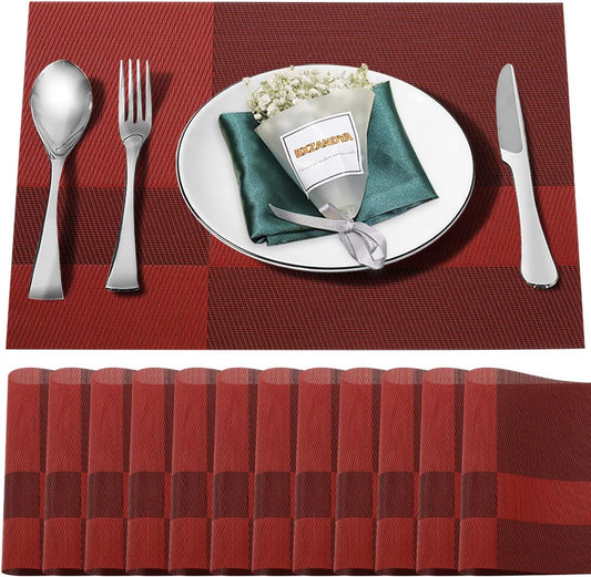 Placemats Set of 12,Washable,Heat and Stain Resistant Indoor/Outdoor Place mats,Vinyl Woven Non Slip Table Mats for Restaurant Table Protection,PVC Placemats(Red,12PCS)