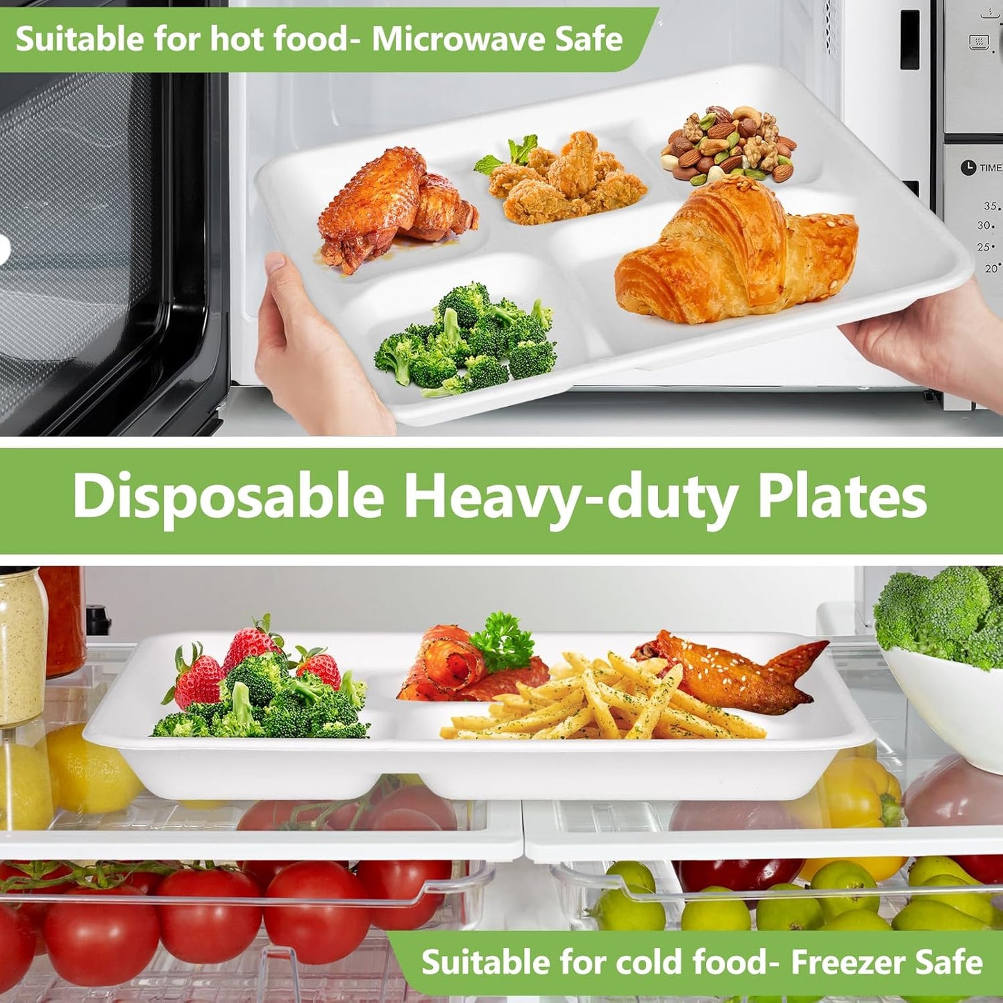 Compostable 5 Compartment Plates Disposable, 10.25 x 8.25 inch, [50-Pack] Heavy Duty Paper Plates with dividers, Sturdy School Lunch Trays, White Large Paper Dinner Plates for Buffet Party