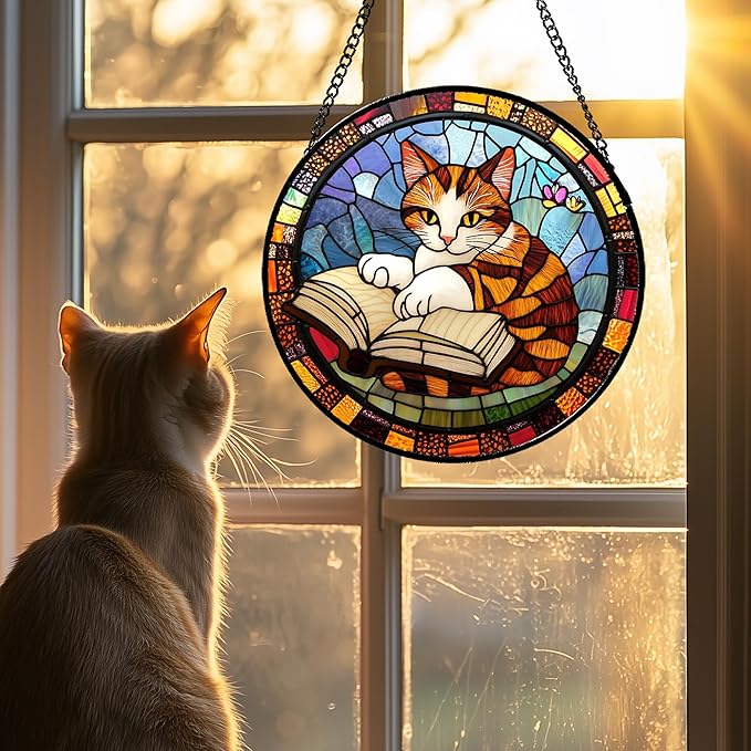 Stained Glass Window Hanging Little Cat Reading 7.8" - Suncatcher Door Garden Kitchen Sunroom Sun Catcher Home Decor Birthday for Lost Pets Mom Grandma Men Woman Friend
