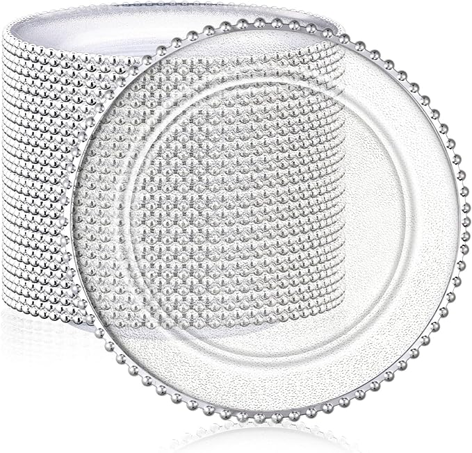 Hoolerry 50 Pack Clear Charger Plates Bulk 13 Inch Plastic Round Beaded Dinner Chargers Acrylic Frosted Grain Decorative Service Plates for Wedding Party Event, Home and Kitchen Tabletop (Silver)