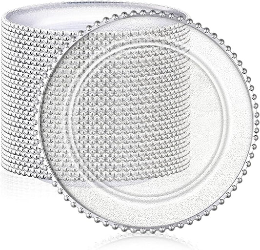 Hoolerry 50 Pack Clear Charger Plates Bulk 13 Inch Plastic Round Beaded Dinner Chargers Acrylic Frosted Grain Decorative Service Plates for Wedding Party Event, Home and Kitchen Tabletop (Silver)