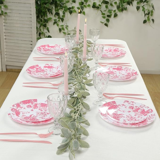 Efavormart 10-Pack French Toile Plastic Dessert Plates – Pink & White Floral, 7" Round Disposable Salad Plates