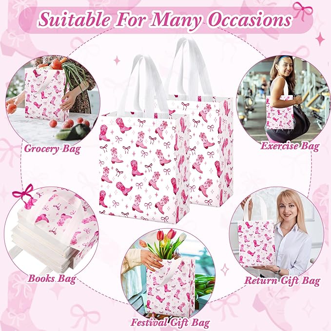 Supervitae 24 Pack Pink Cowgirl Gift Bags Medium Western Cowgirl Theme Party Decoration Supplies Reusable Non Woven Totes for Rodeo Birthday Themed Supplies Favor(9.8" x 7.9" x 3.9")