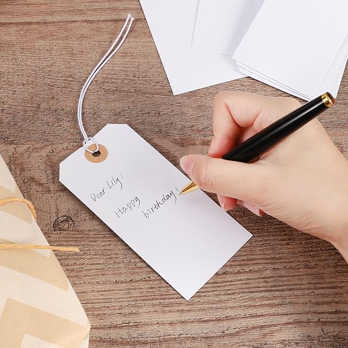 100pcs Large Price Tags with String Attached White Hang Paper Tags with Elastic String Reinforced Hole Writable Valentines Gift Tag Inventory Tag 4.76''×2.36''