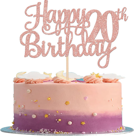1 PCS Happy 20th Birthday Cake Topper Glitter Cheers to 20 Years Birthday Cake Pick Twenty 20 Fabulous Cake Decoration for Happy 20th Birthday Theme Party Decorations Supplies Rose Gold