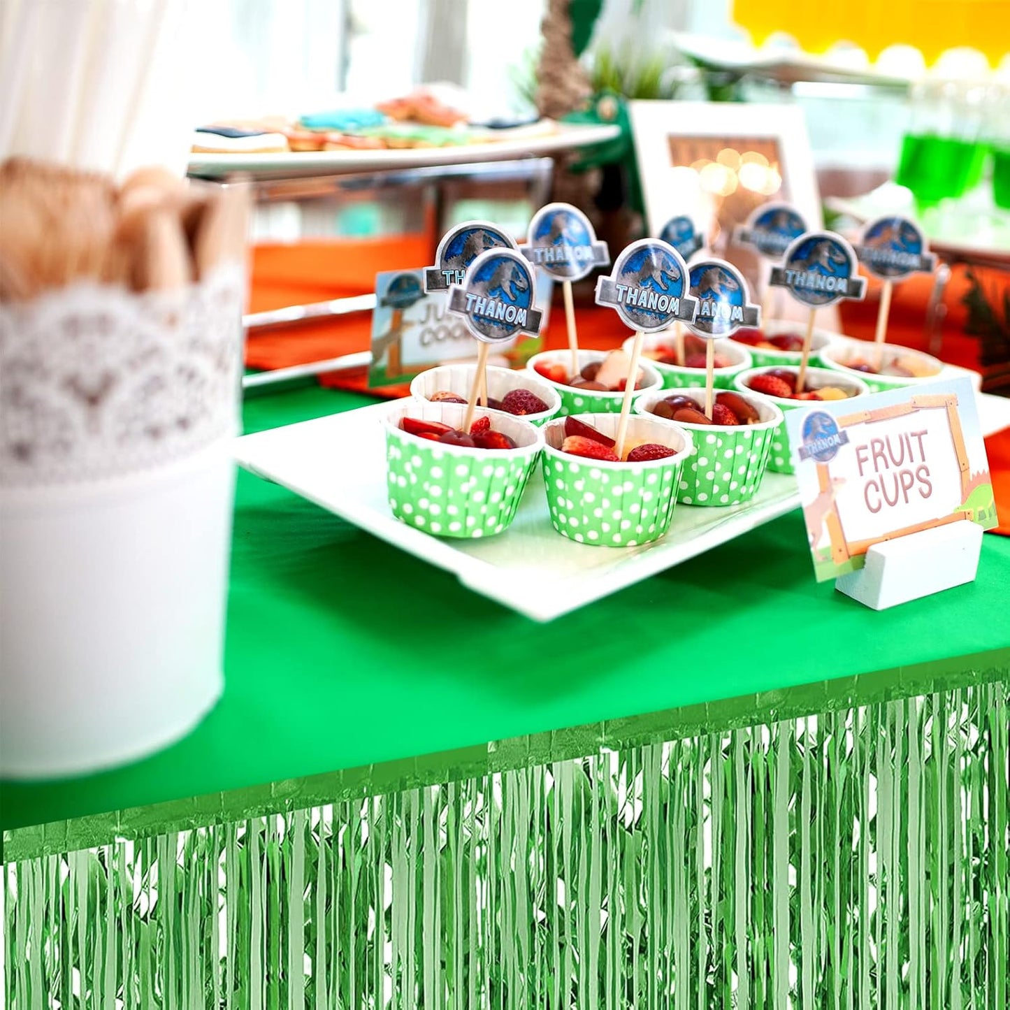 6 Pack 29x108 Inch Light Green Metallic Foil Fringe Table Skirts Banner for Tinsel Streamer Garland Curtains Backdrop for Parade Floats Baby Shower Birthday Christmas Halloween Party Decoration