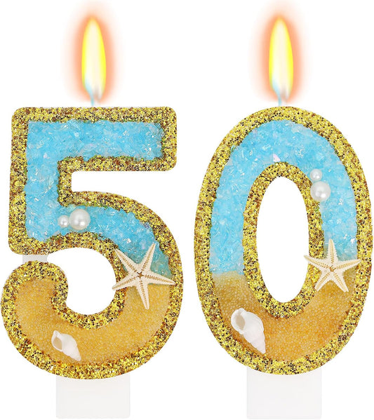 Ocean Number 50 Candle, Glitter Gold Beach Starfish Cake Topper, Tropical Ocean Princess Birthday Decorations for Party Supplies Wedding Anniversaries