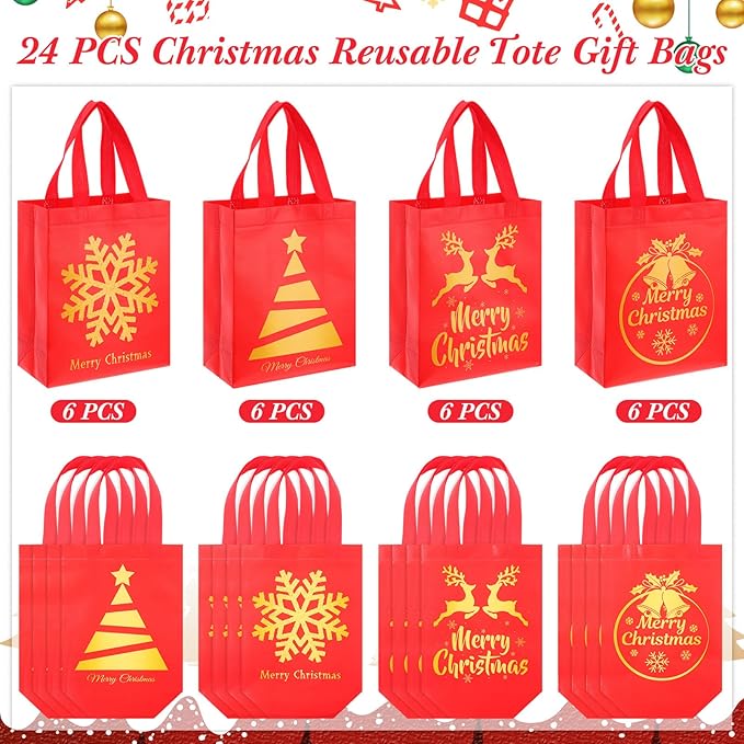 Wesnoy 24 Pcs Christmas Gift Bags Bulk 10 x 8 x 4 Inch Christmas Red Gold Non Woven Party Favors Goodies Candy Bags with Handles for Holiday Gift Birthday Party Supplies