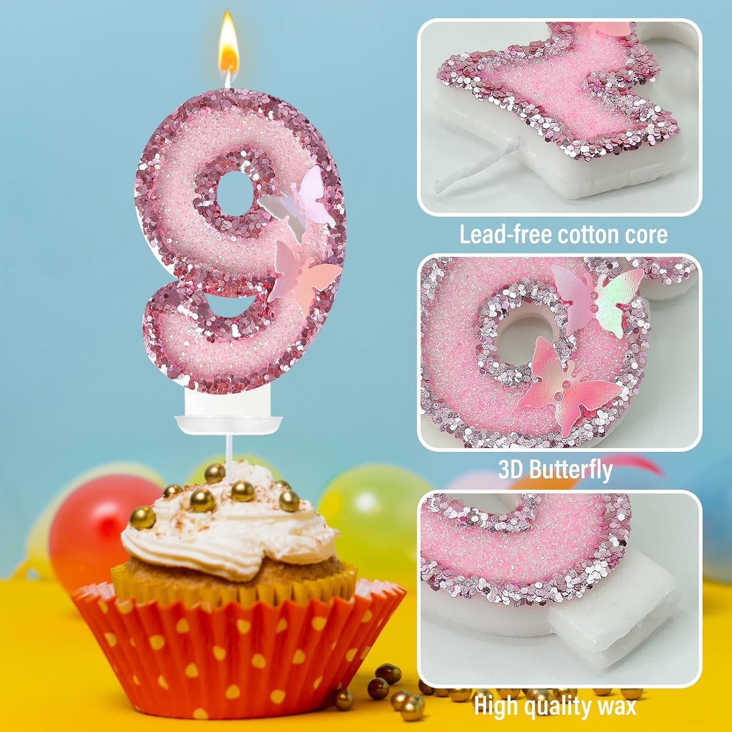 9th Birthday Candles，Glitter Butterfly Cake Toppers Pink Sequins Wedding Numeral Cupcake Decorations，Suitable for Girl and boy Wedding Cakes, Party Celebrations, Birthday Decorations
