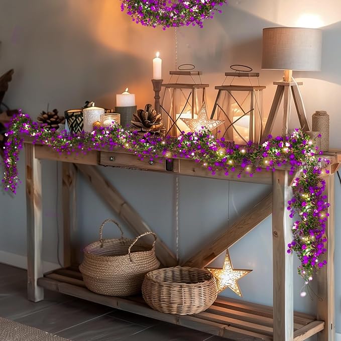 RECUTMS Artificial Garland Greenery Hanging Spring Lighted Garland Artificial Vine Plants Spring Eucalyptus Vine with Lights for Indoor Outdoor Home Wedding Mantel Party Kitchen Decor(Fuchsia)