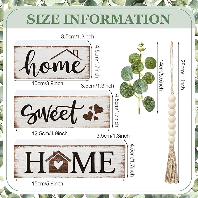Yousoontic 5 Pcs Farmhouse Wooden Table Decor Rustic Tiered Tray Decor Neutral Block Sign Centerpiece with Bead Garland Faux Eucalyptus Leaves for Home Sweet Kitchen Entryway Living Room Shelves